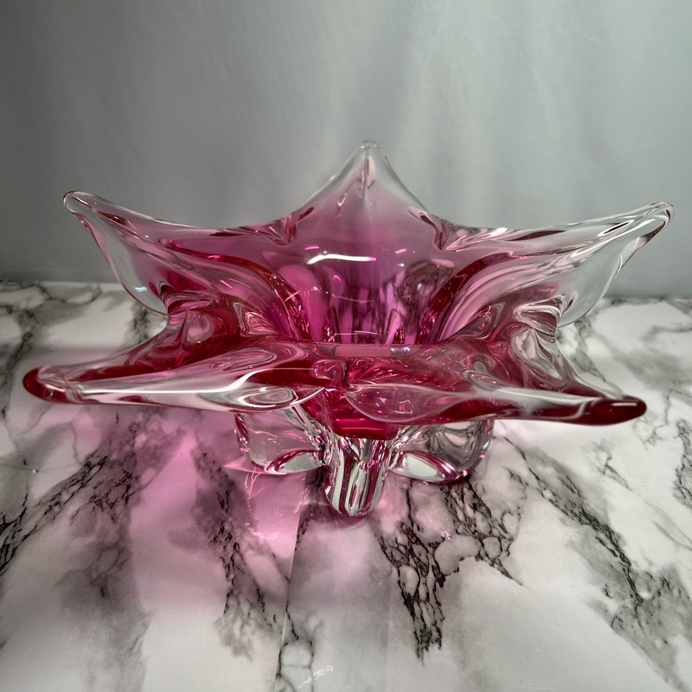 Elegant Pink Star Czech Glass Art Bowl Josef Hospodka 5 Pointed